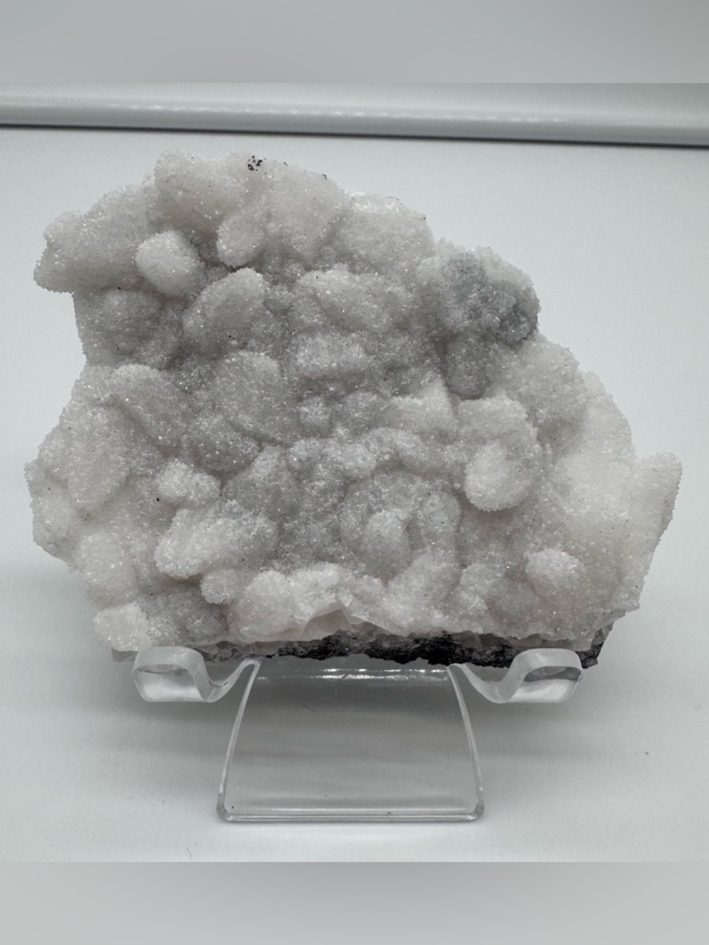 Chalcedony Druzy Quartz Specimen White Botryoidal Crystal w Stand